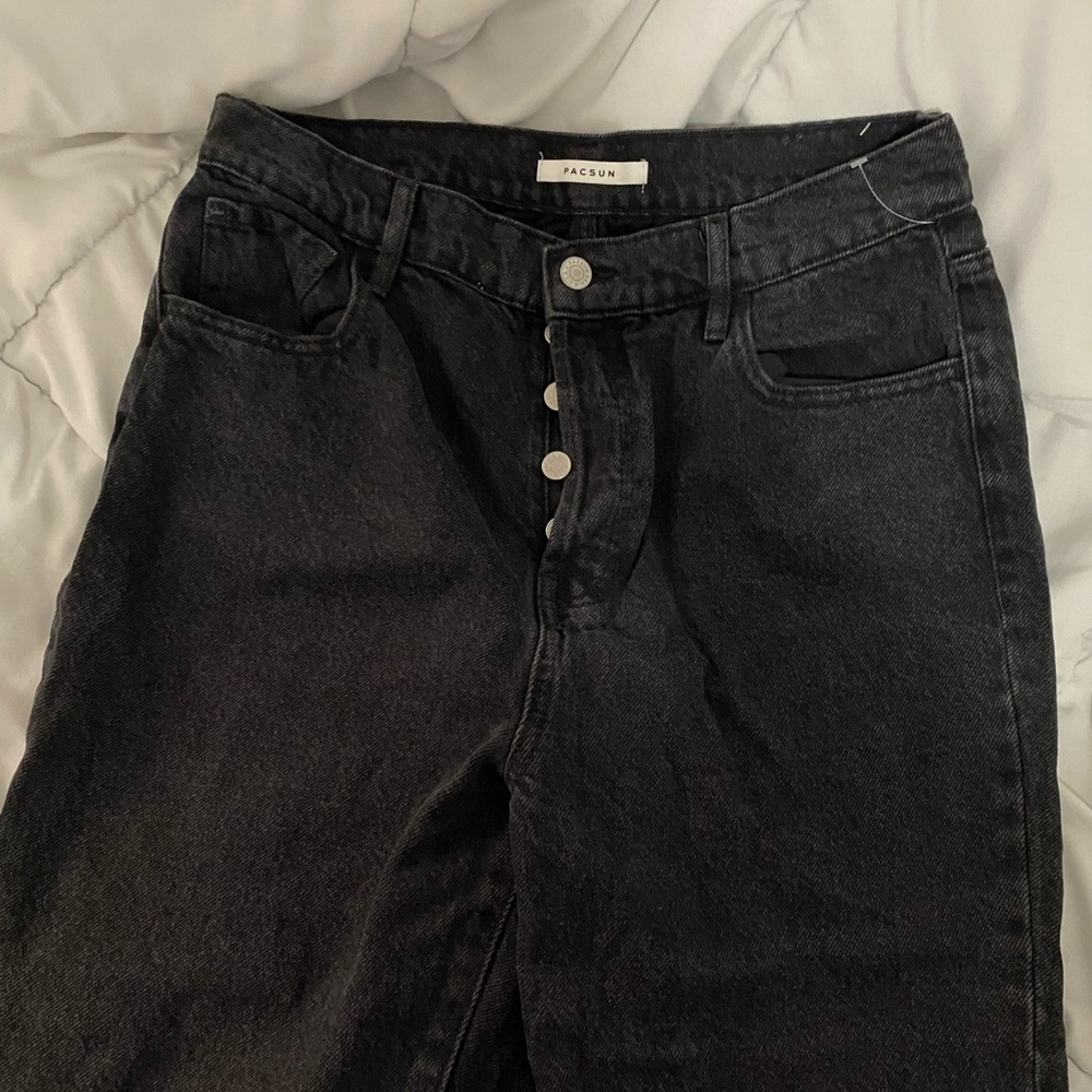 Black button up high rise denim jeans straight leg
